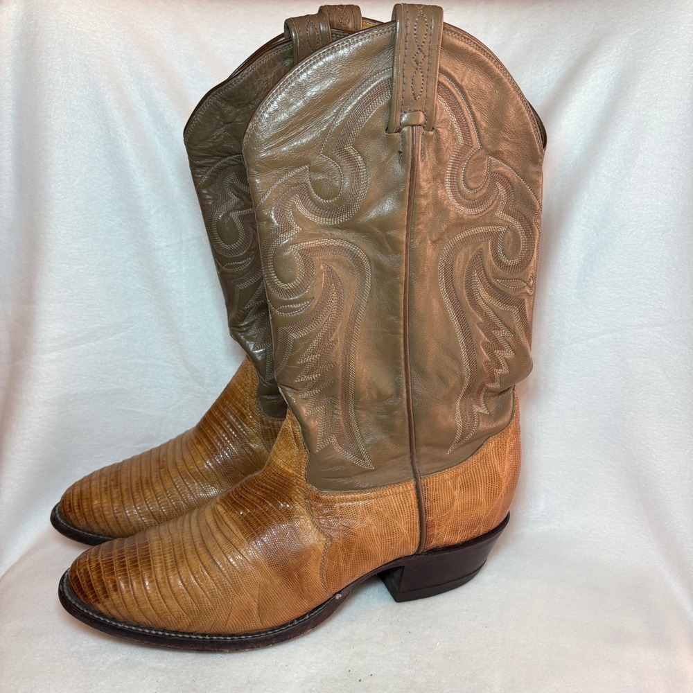 Tony Lama Vintage Lizard Skin Western Cowboy Boots Tan Olive 8071 Size 9.5 EEE